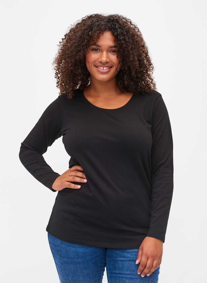 Ensfarvet basis bluse i bomuld, Solid Black, Model image number 0