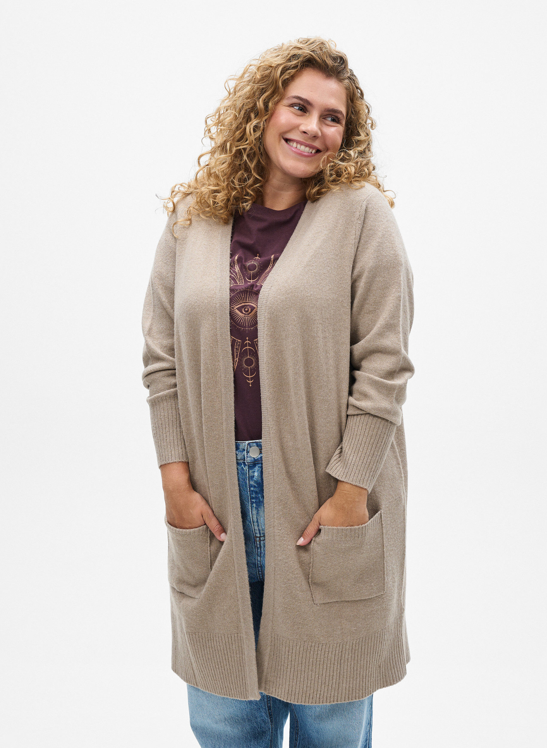 ZizziMeleret strik cardigan med lommer, Beige, Model image number 0