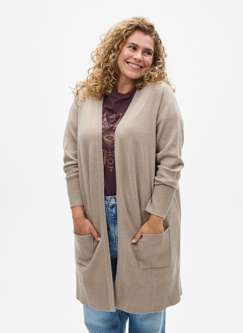 Meleret strik cardigan med lommer, Beige, Model image number 0
