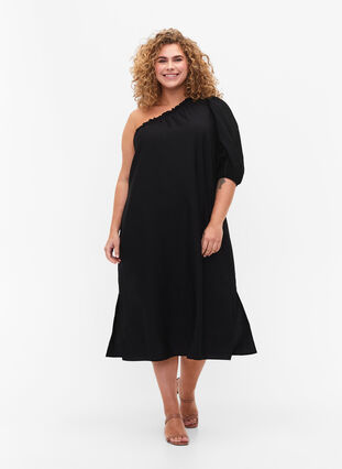 One-shoulder kjole i viskose, Black, Model image number 0