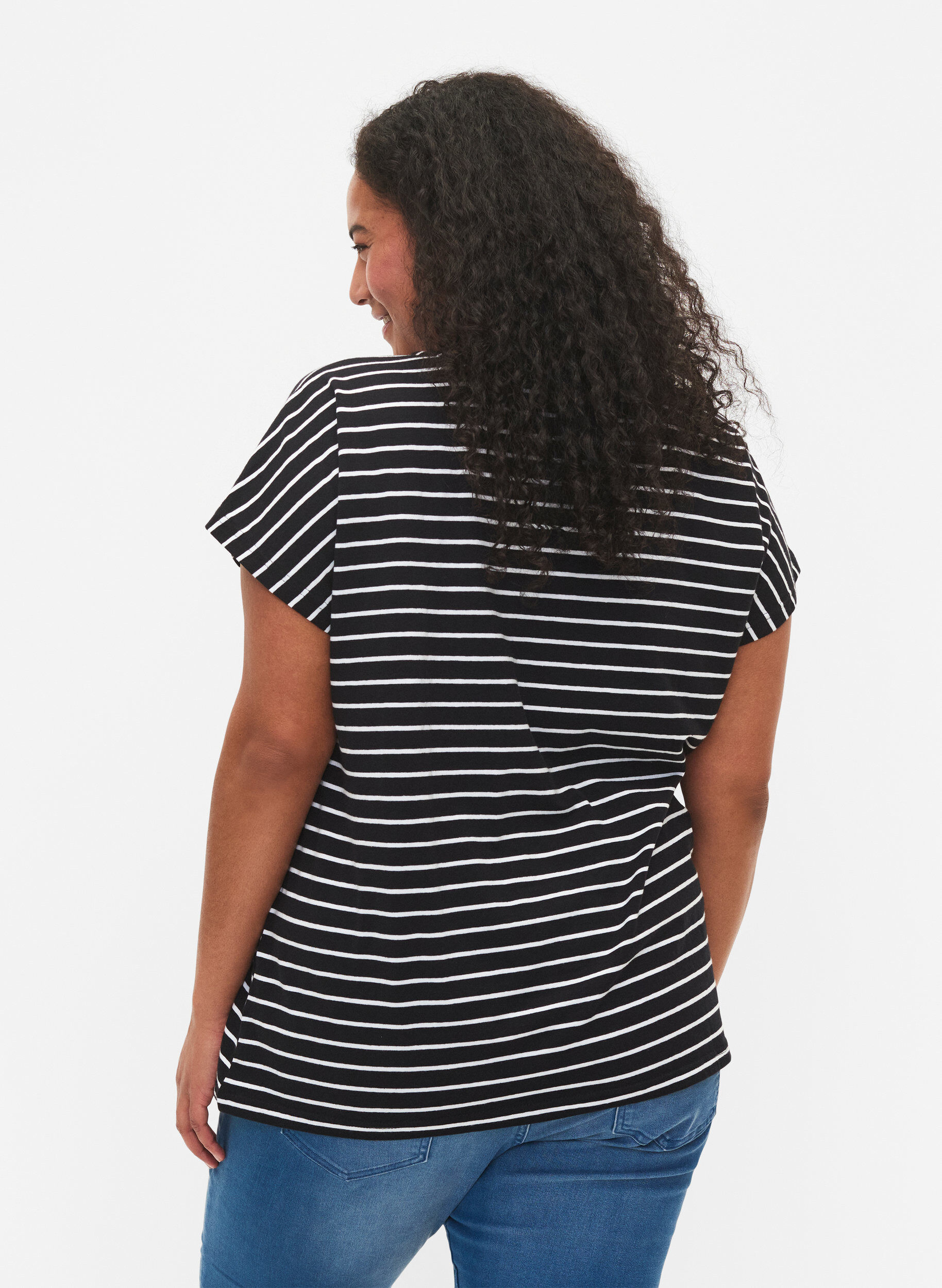 Zizzi Bomulds t-shirt med striber, Black W. Stripe, Model image number 1