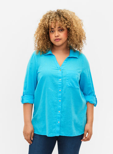 Skjortebluse med knaplukning i bomuldsmix med hør, Blue Atoll, Model image number 0