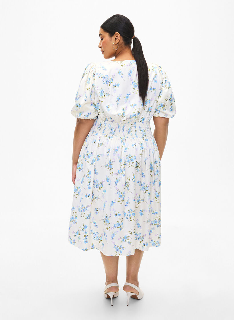 Blomstret satinkjole med pufærmer, Off White Blue Fl., Model image number 1