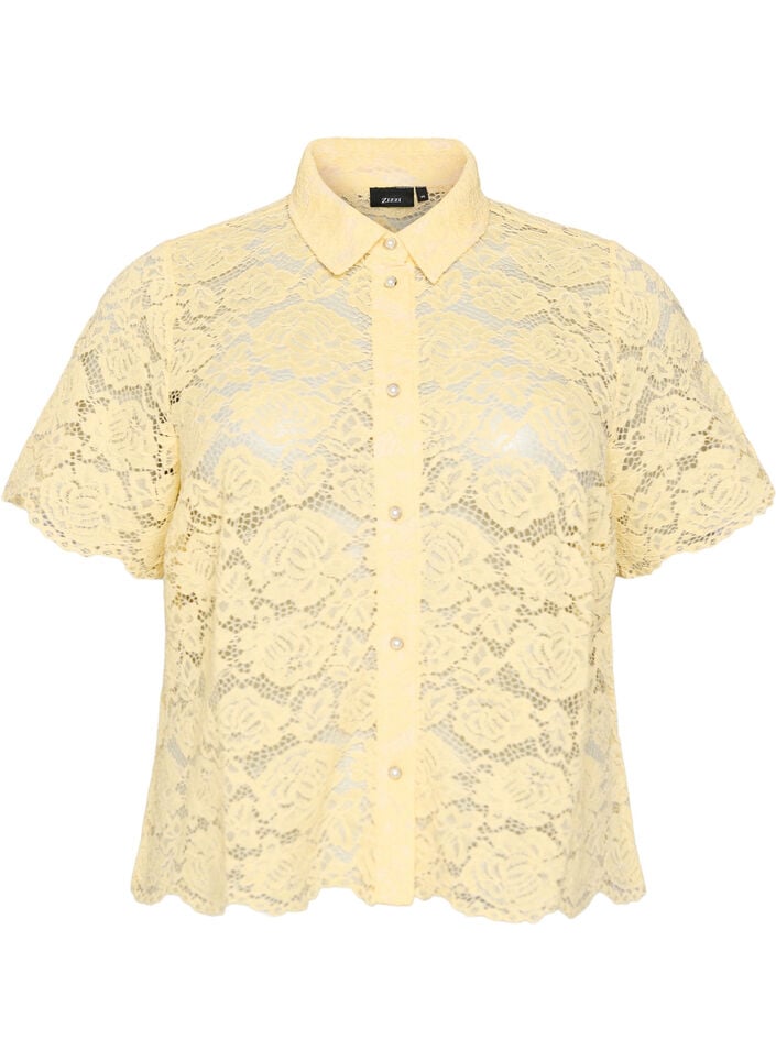 Skjortebluse i blonde med perleknapper, Gul, Packshot image number 0