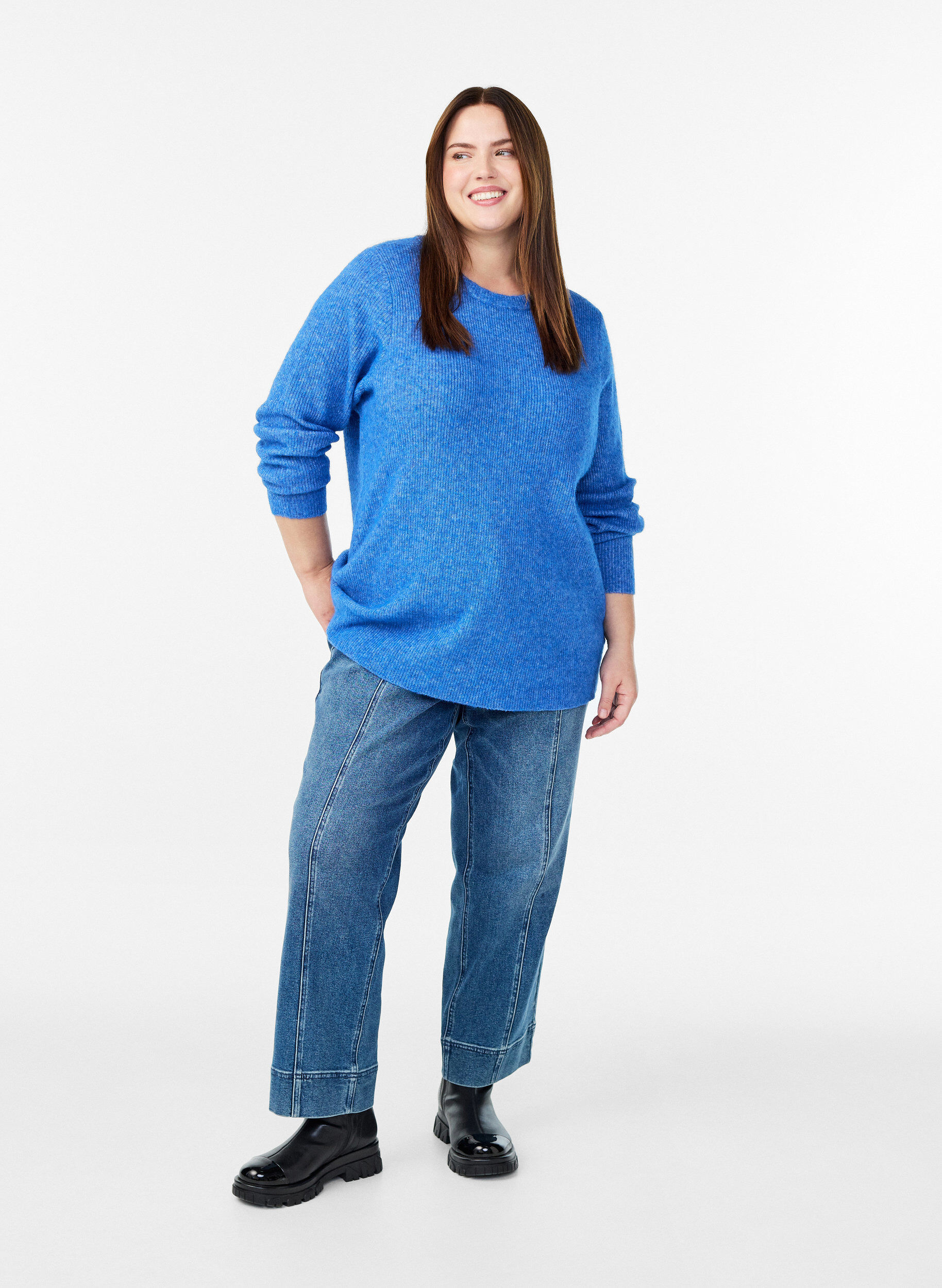 ZizziMeleret strikbluse med rund hals, Bl&aring;, Model image number 1