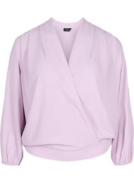Wrap-look bluse med v-hals og 3/4 ærmer, Lavender Frost