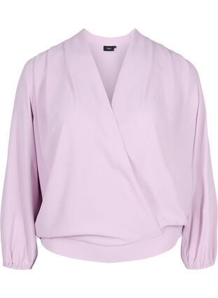 Wrap-look bluse med v-hals og 3/4 ærmer, Lavender Frost, Packshot image number 0
