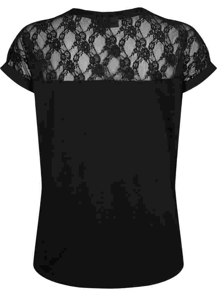 Kortærmet bomulds t-shirt med blonder, Black, Packshot image number 1