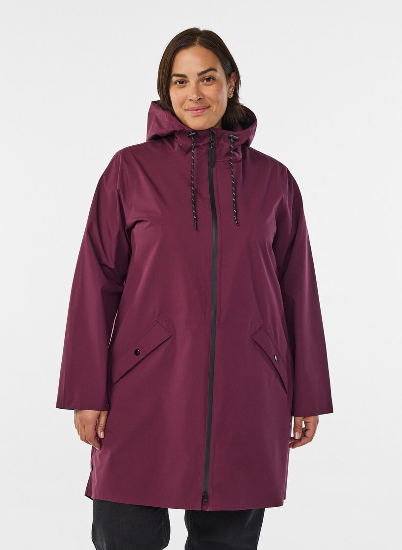 Regnjakke med lommer og h&aelig;tte, M&oslash;rk Bordeaux, Model image number 0