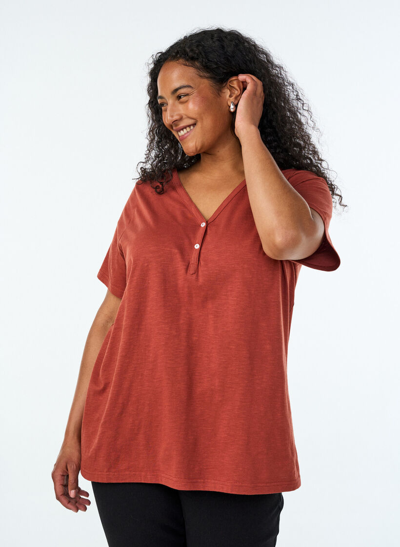 T-shirt med knapdetalje, Brun, Model image number 0
