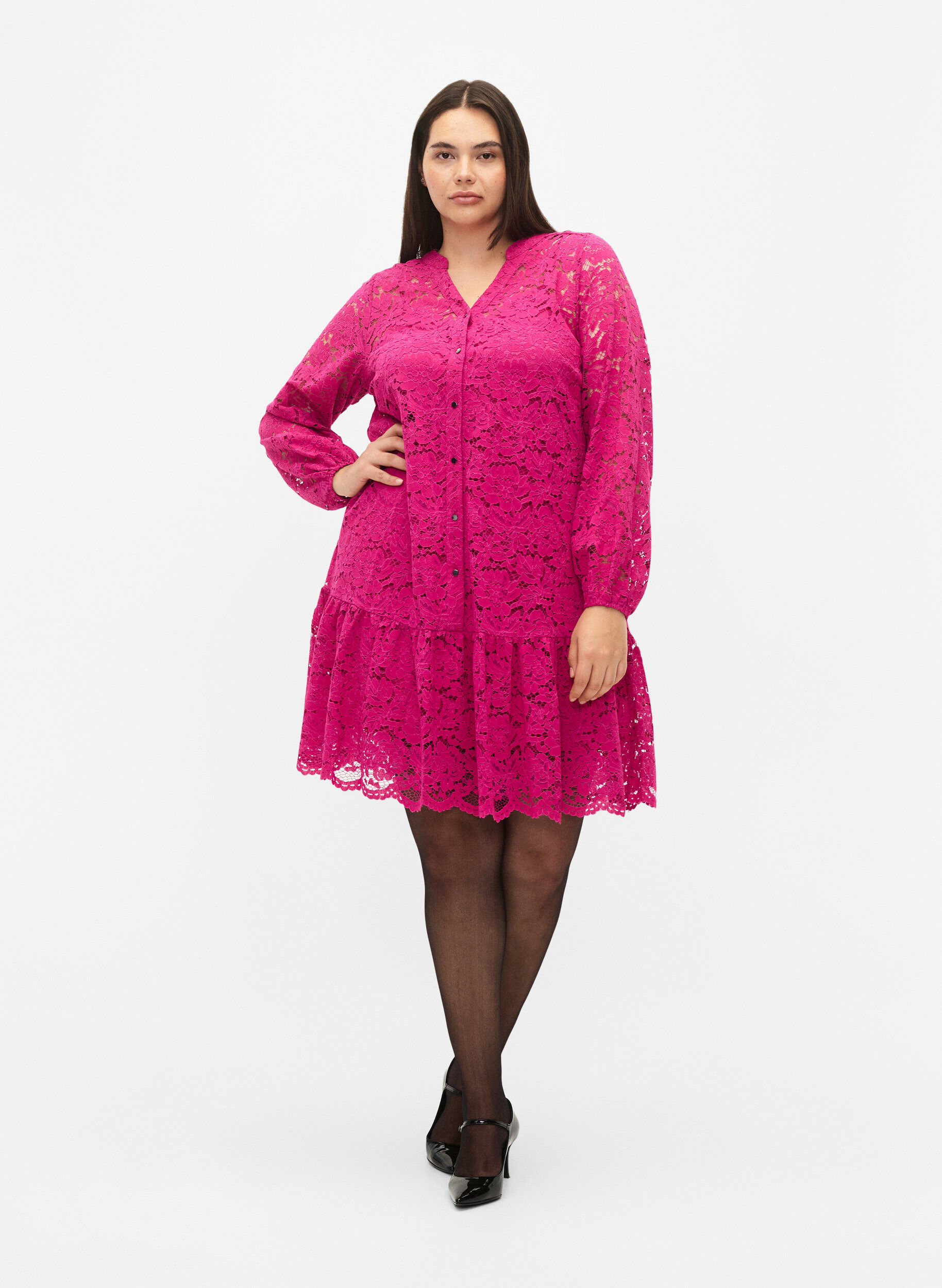 Zizzi Blondekjole med knapper og a-shape, Festival Fuchsia, Model image number 2