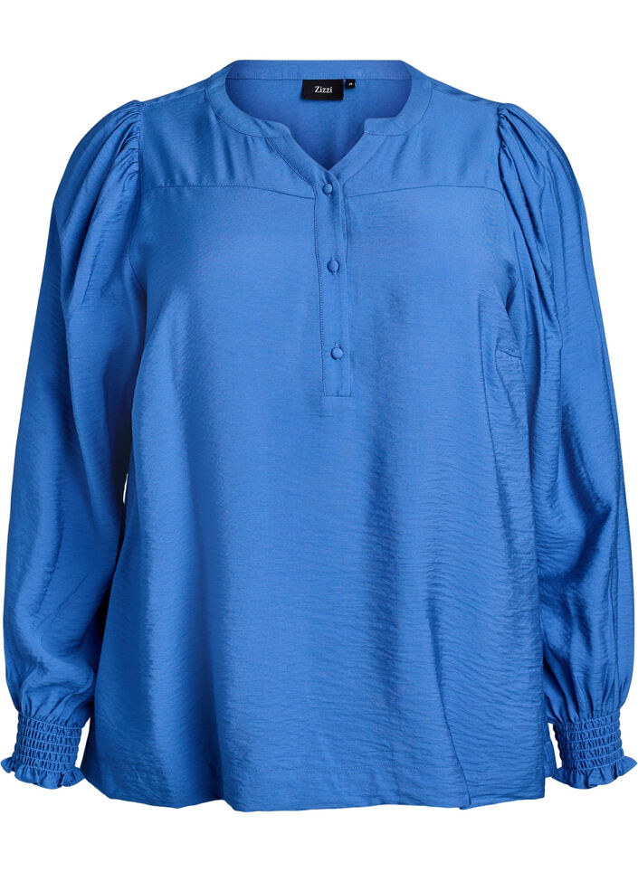 Viskosebluse med smock og rynkedetaljer, Bl&aring;, Packshot image number 0