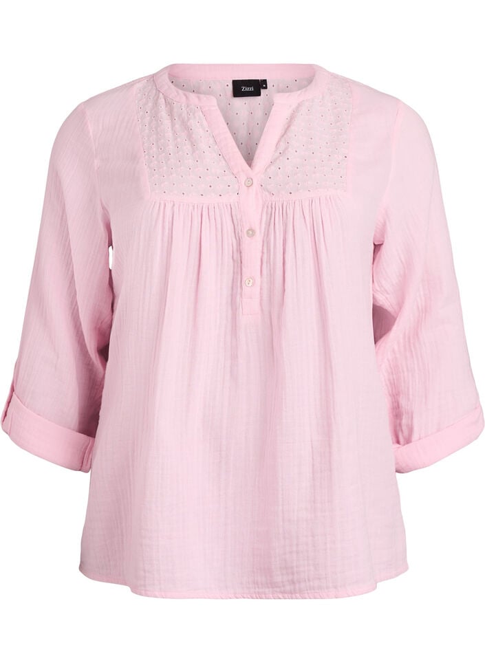 Bluse i bomuldsmusselin med broderi anglaise, Lyser&oslash;d, Packshot image number 0
