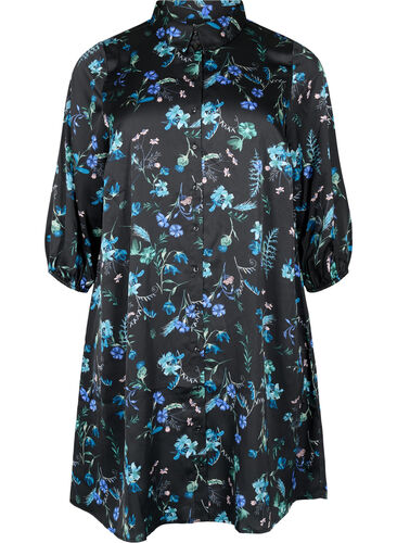 Skjortekjole med 3/4 ærmer og blomsterprint, Blue Flower AOP, Packshot image number 0