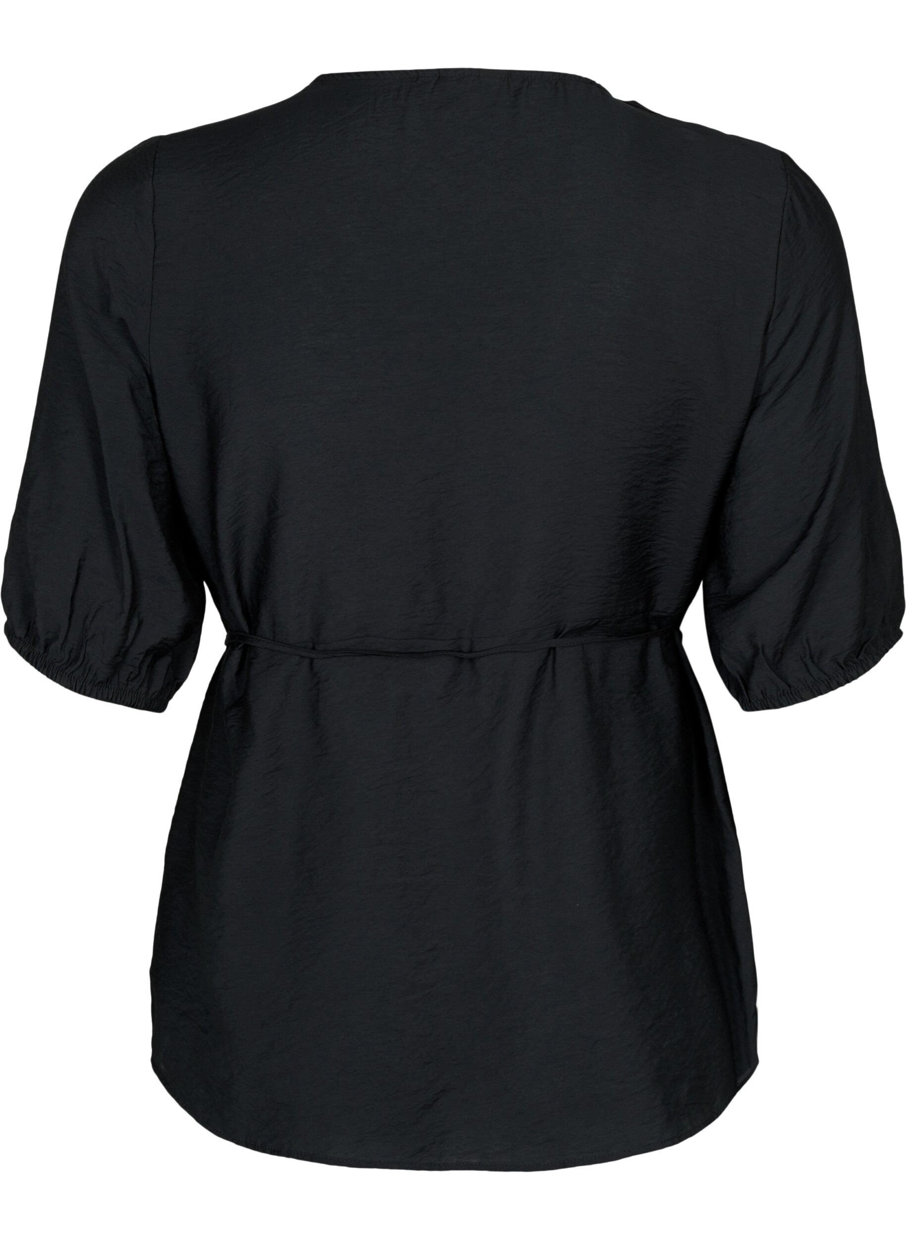 Zizzi Wrap bluse i viskose med 1/2 &aelig;rmer, Black, Packshot image number 1