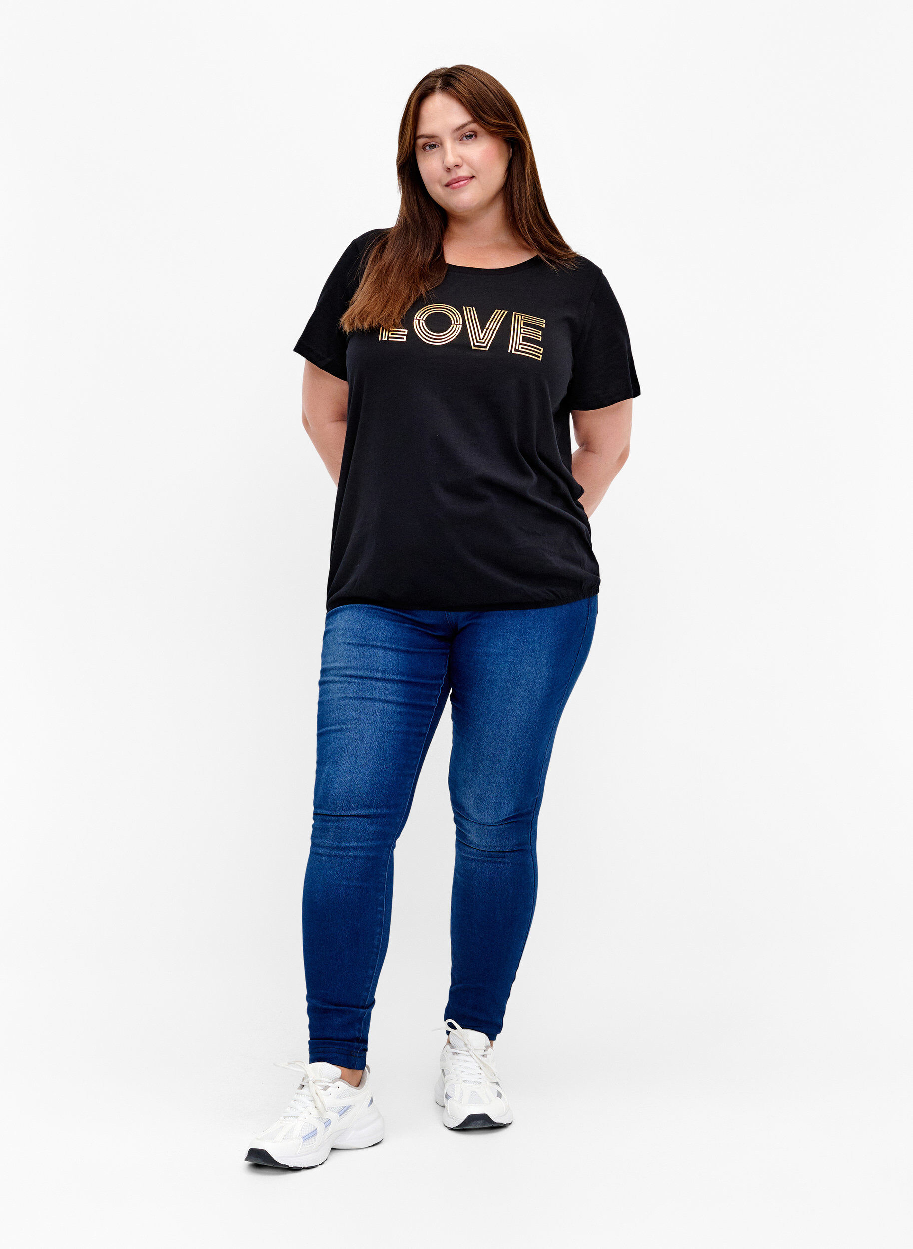 Zizzi Bomulds t-shirt med folieprint, Black W. Love, Model image number 2