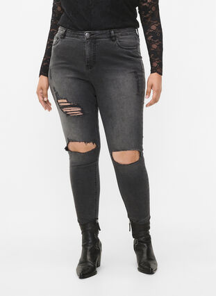 Tætsiddende jeans med sliddetaljer, Grey Denim, Model image number 2