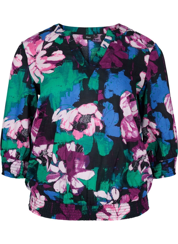 Blomstret bluse med 3/4 ærmer i viskose, Black Flower AOP, Packshot image number 0