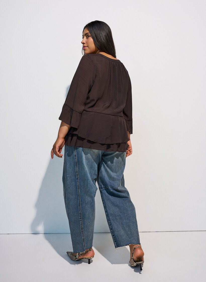 Bluse med 3/4-&aelig;rmer og fl&aelig;sedetaljer, Brun, Model image number 2
