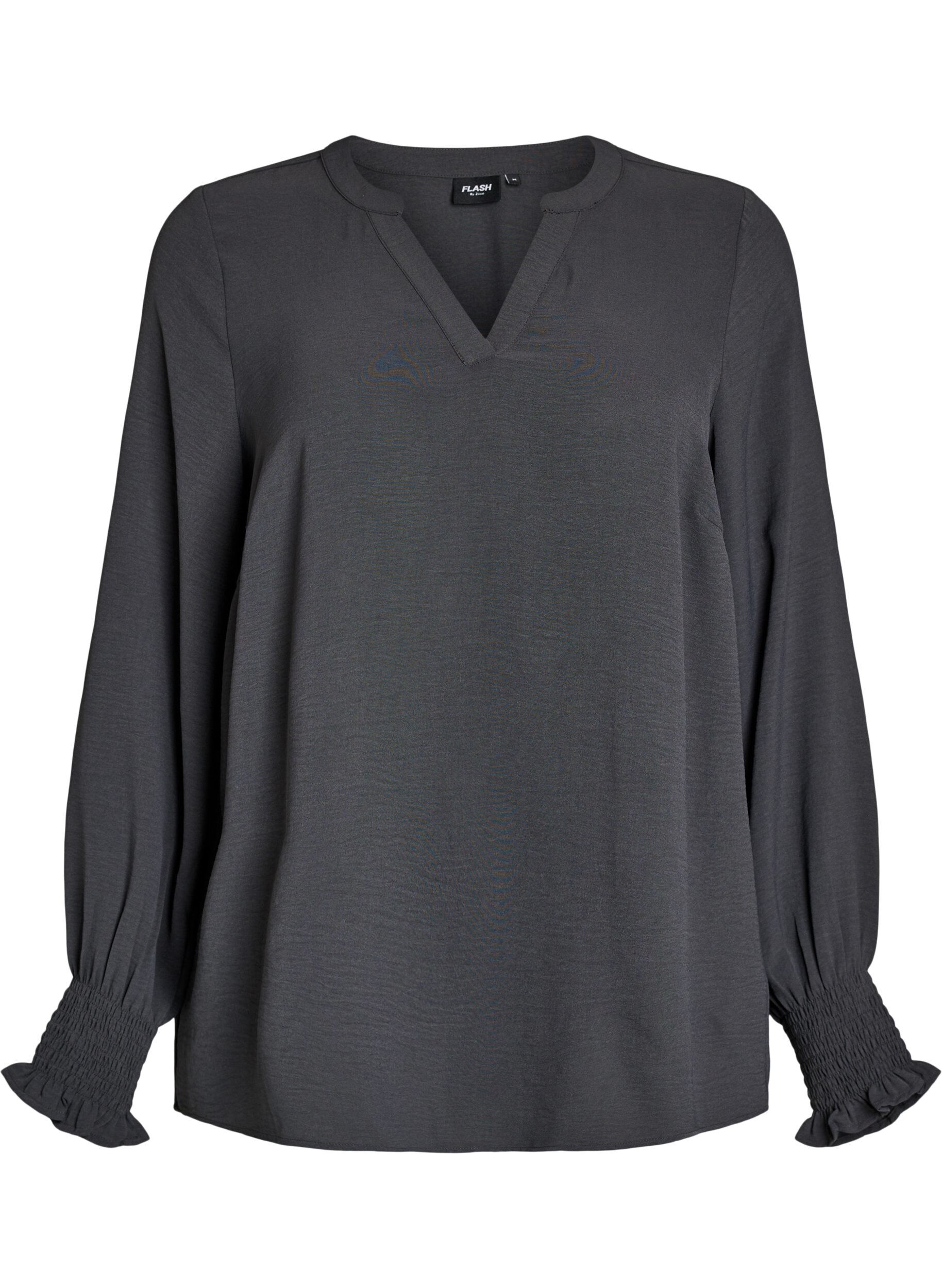 FLASH - Bluse med smock manchetter og V-udsk&aelig;ring