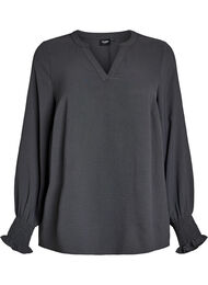 Bluse med smock manchetter og V-udsk&aelig;ring, Gr&aring;