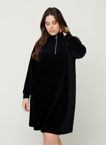 Velour kjole med høj hals og lynlås, Black, Model image number 0