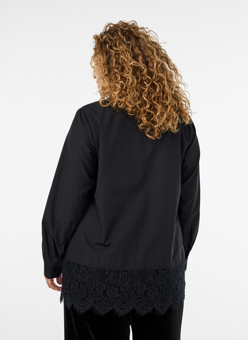 L&oslash;s skjorte med bred blondekant, Sort, Model image number 2