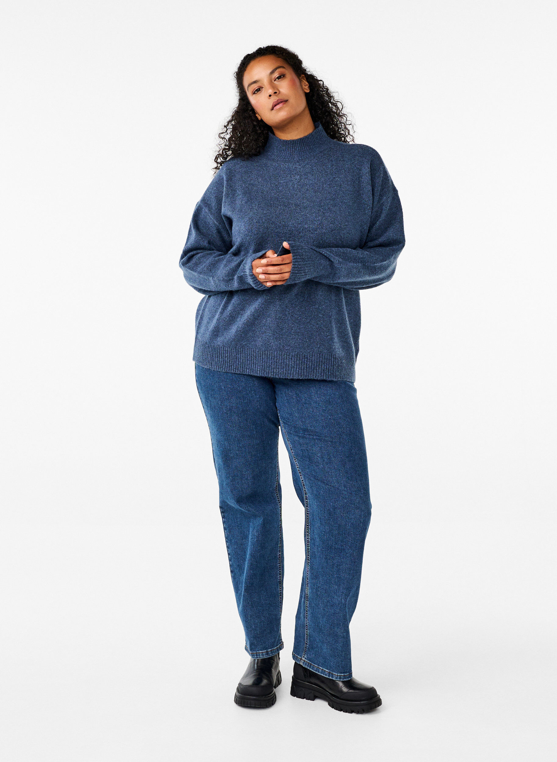 Zizzi Strikbluse med uld og h&oslash;j hals, Bering Sea Mel., Model image number 2