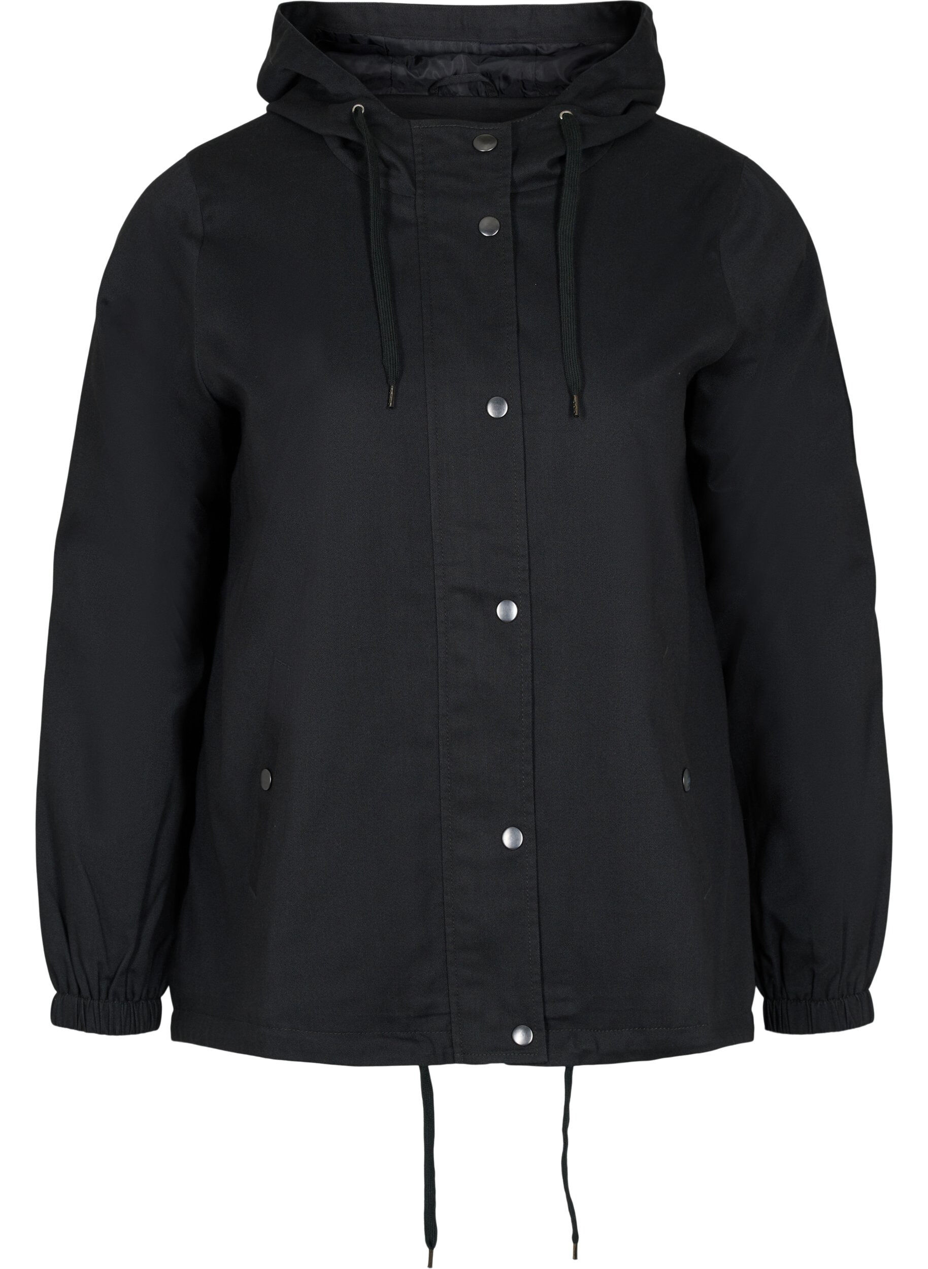 Zizzi Kort parka jakke med h&aelig;tte og justerbar bund, Black, Packshot image number 0
