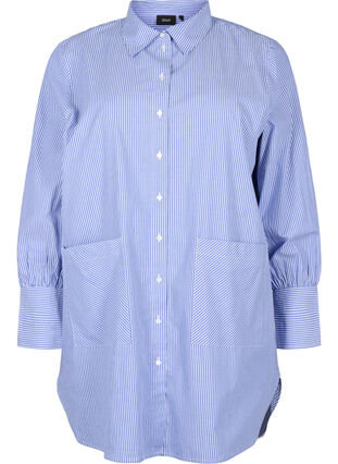Løstsiddende skjorte i bomuld med striber, Baja Blue Stripe, Packshot image number 0