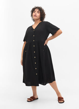 Kortærmet kjole med knapper og lommer, Black, Model image number 2