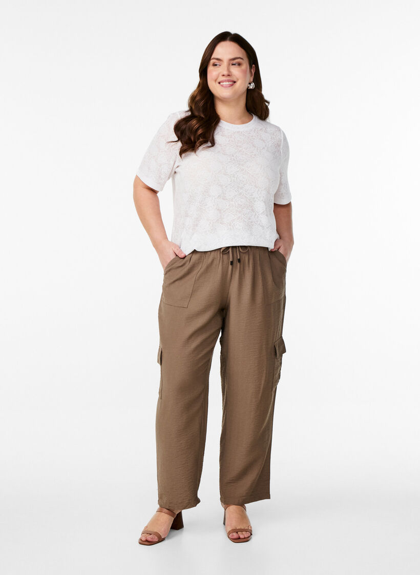 Kortærmet bluse med rosenmønstret tekstur, Hvid, Model image number 1