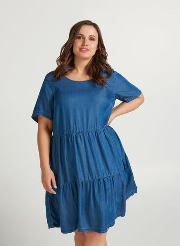 Kortærmet denim kjole med læg, Medium Blue, Model image number 0