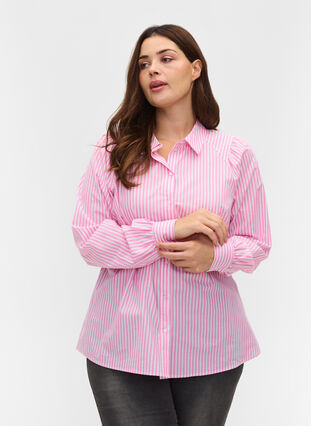 Stribet skjorte i bomuld, White/ Pink Stripe, Model image number 0