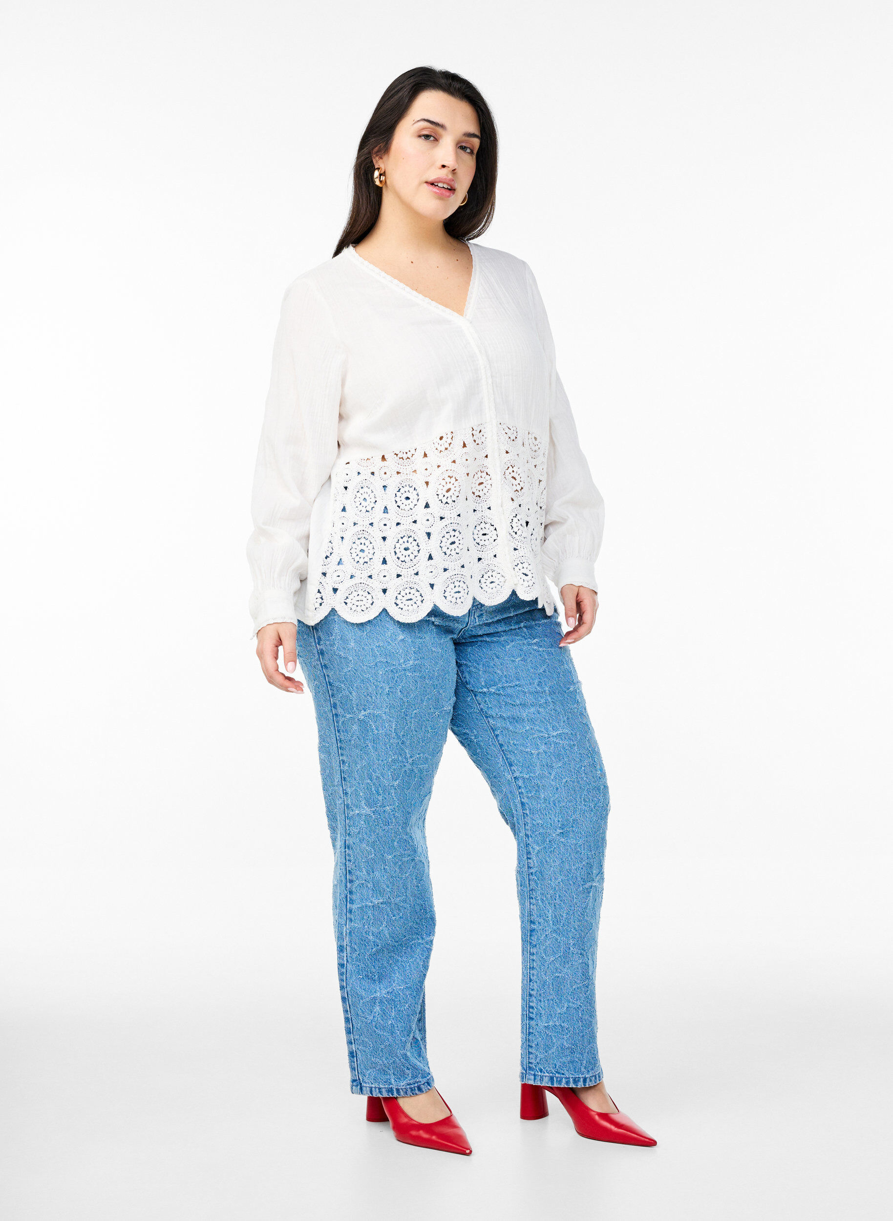 Zizzi Skjortebluse i bomuldsmusselin med crochetdetaljer, Vanilla, Model image number 1