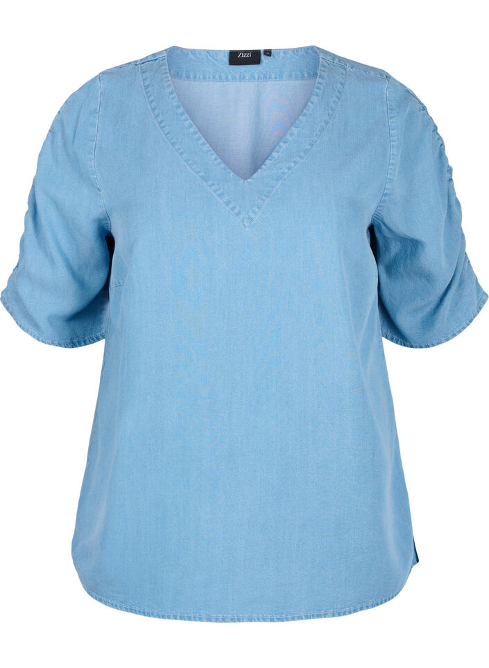Bluse med draperede ærmer, Light blue denim, Packshot image number 0