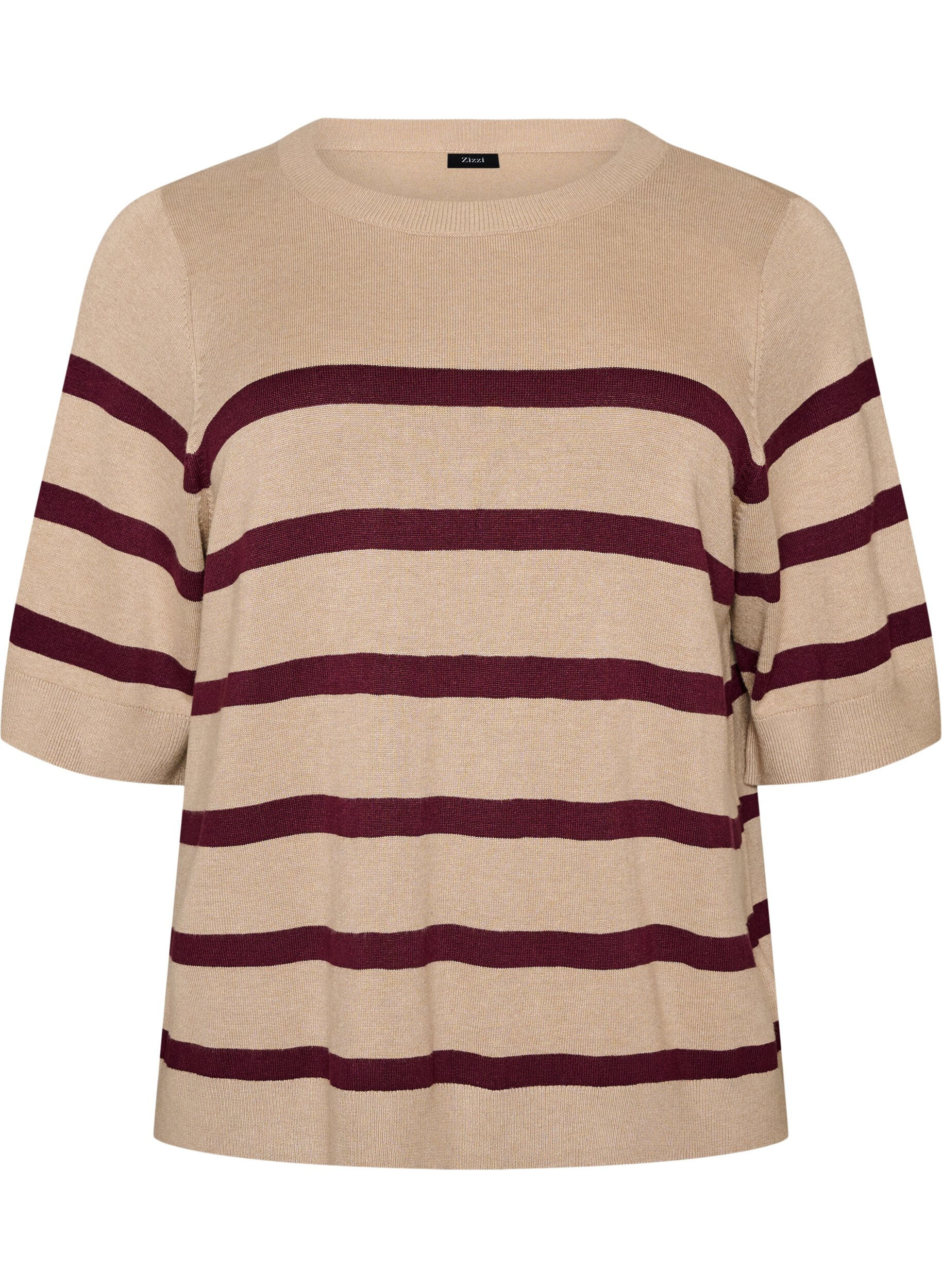 ZizziStribet strikbluse med korte &aelig;rmer, Beige, Packshot image number 0