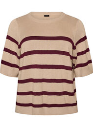 Stribet strikbluse med korte &aelig;rmer, Beige