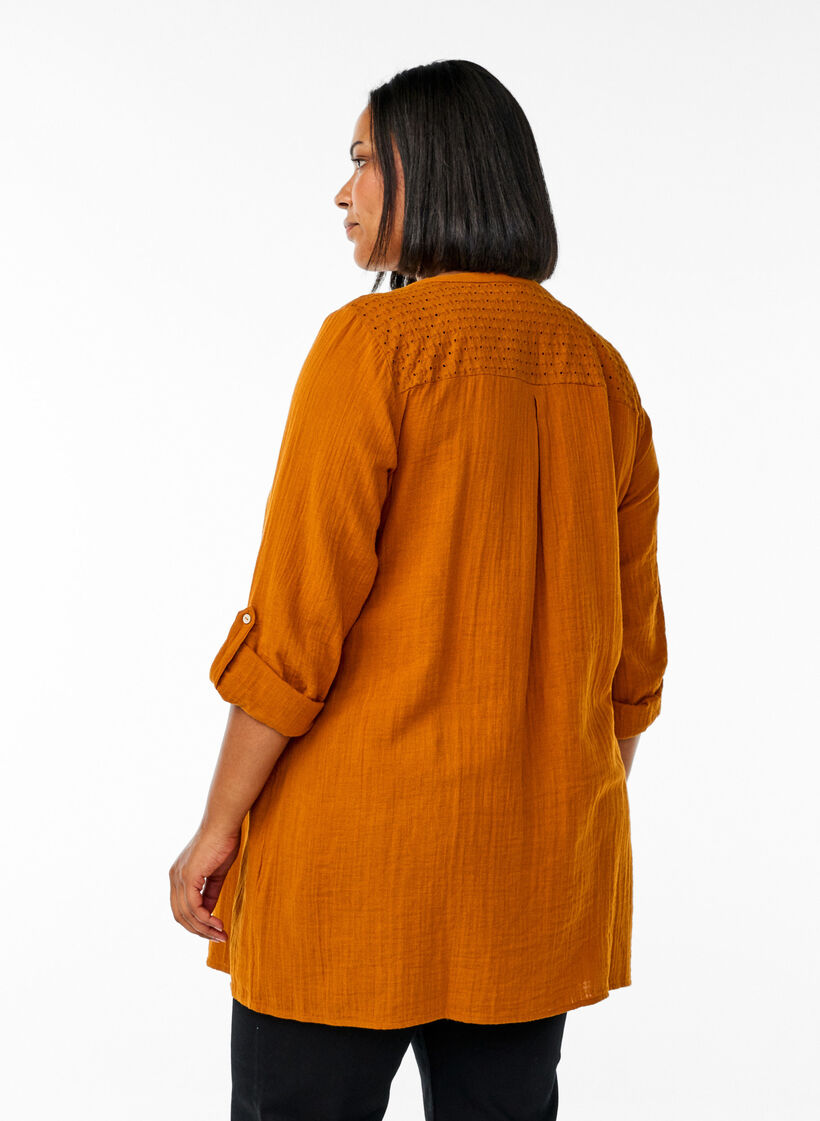 Tunika i bomuldsmusselin med broderi anglaise, Orange, Model image number 2
