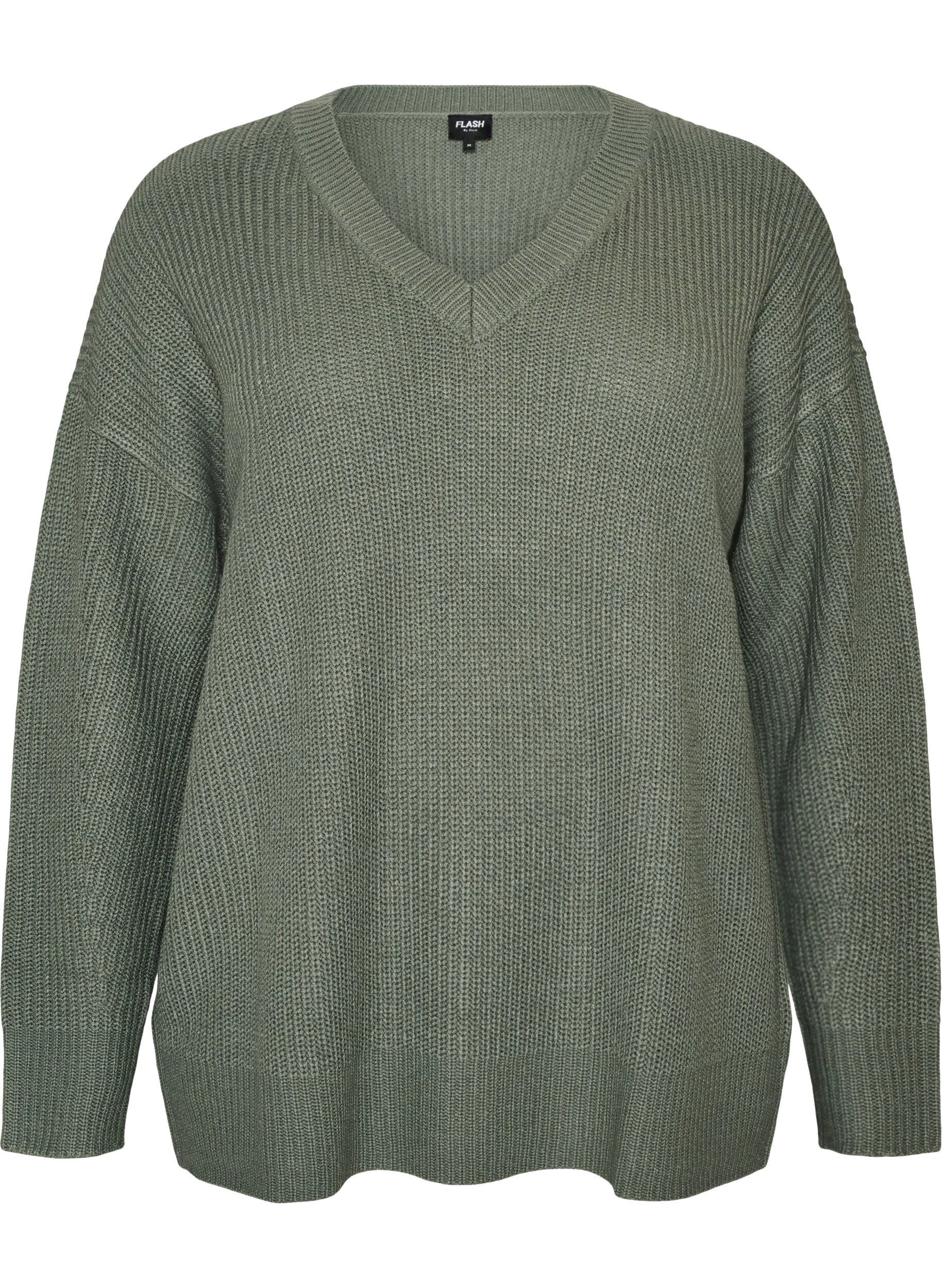 ZizziLang ribstrikket bluse med V-hals, Gr&oslash;n, Packshot image number 0