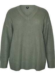 Lang ribstrikket bluse med V-hals, Gr&oslash;n