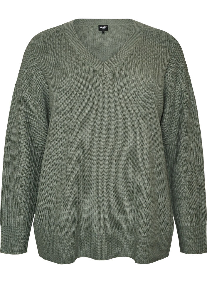 Lang ribstrikket bluse med V-hals, Gr&oslash;n, Packshot image number 0
