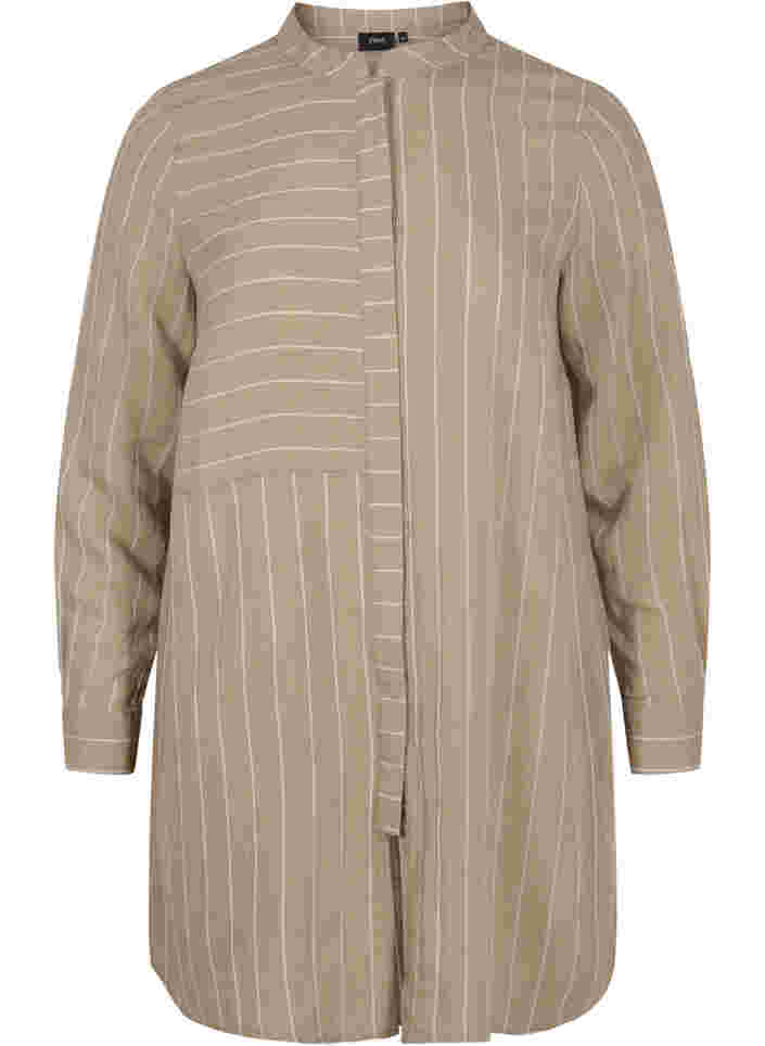 Lang stribet skjorte i viskosemix, Timber Wolf/White, Packshot image number 0