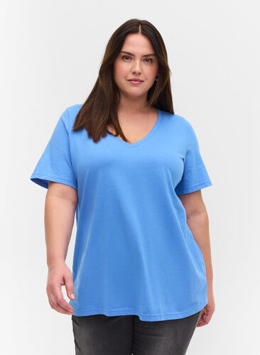 T-shirt i økologisk bomuld med v-udskæring, Ultramarine, Model image number 0