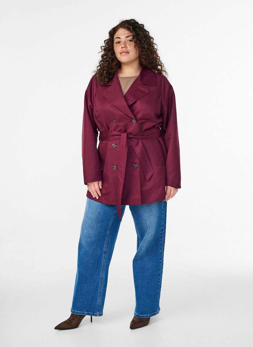 Kort trenchcoat med bælte, Mørk Bordeaux, Model image number 1