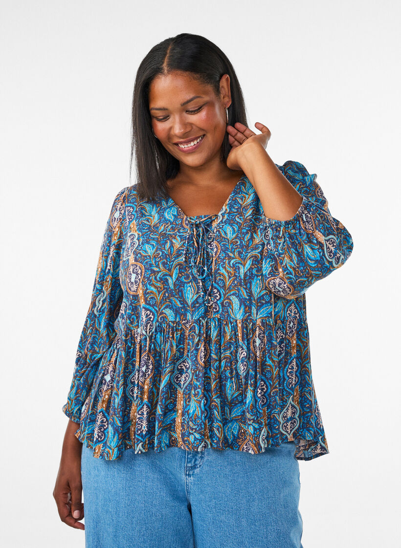 Bluse med paisleyprint og sn&oslash;redetalje, Bl&aring;, Model image number 0