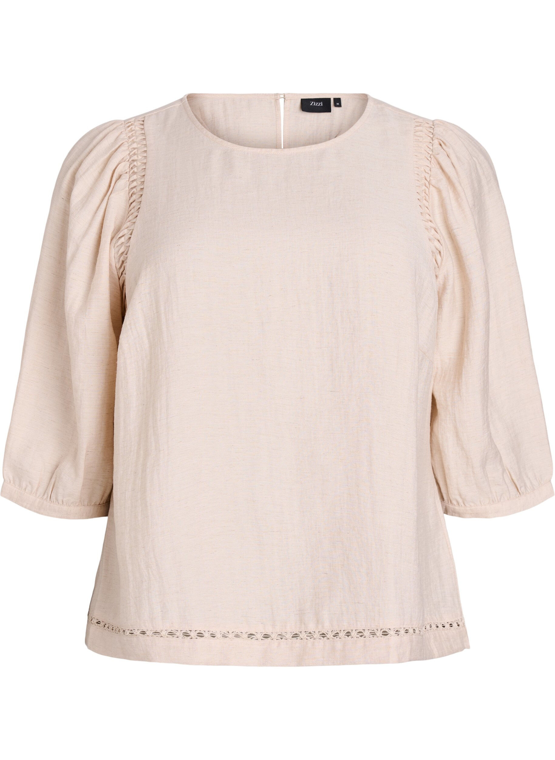 Bluse i viskosemix med h&oslash;r og rynkede skuldre