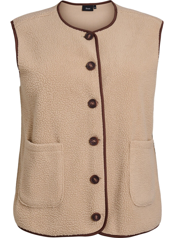 Vest i teddyfleece med kontrastkanter, Beige, Packshot image number 0