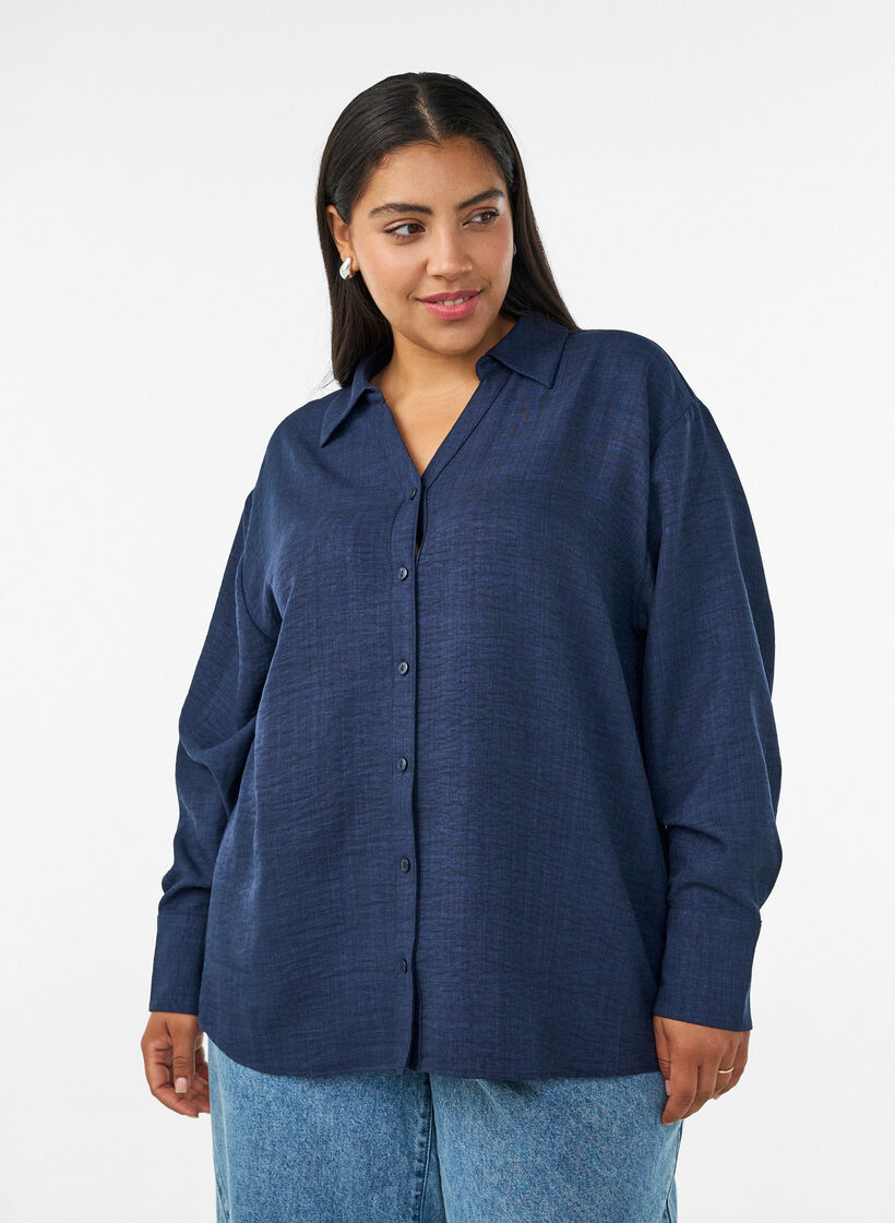 L&oslash;s skjorte med V-udsk&aelig;ring, Bl&aring;, Model image number 0