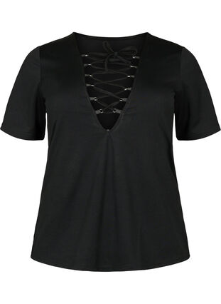 Vendbar bluse med snøredetalje, Black, Packshot image number 0